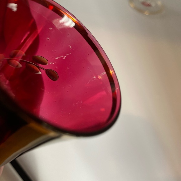 Cranberry Bohemian Czech Shot Glasses with Gold Etching. - Picture 5 of 6